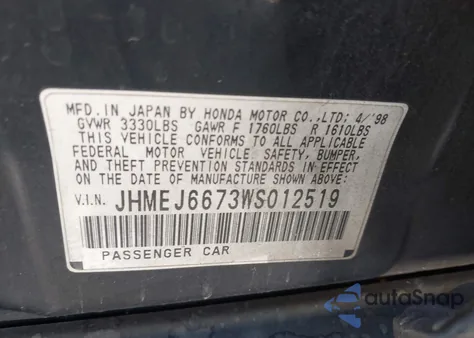 1998 Honda Civic Lx from USA, damaged, VIN JHMEJ6673WS012519